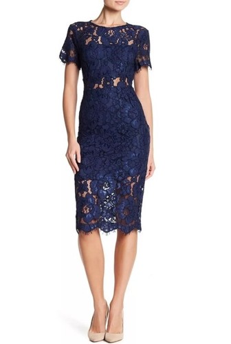 Nordstrom NSR Lace Navy Blue Short Sleeve Sheath Dress Size Medium Sexy New