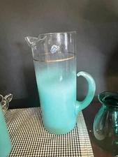 MCM Vtg West Virginia Glass Blendo Turquoise Frosted Pitcher & Set of 2 Tumblers