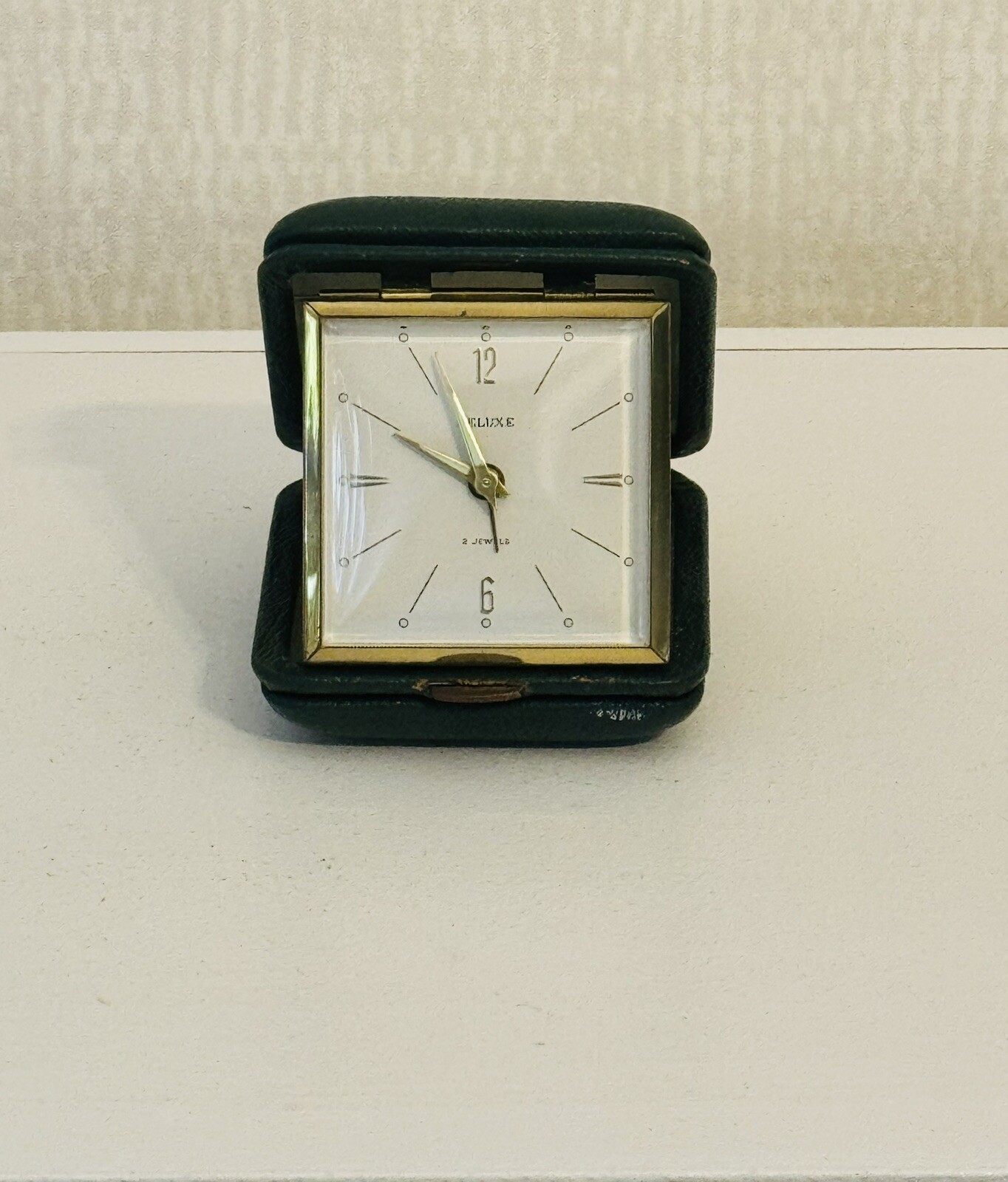 Vintage DELUXE Folding Travel Alarm Clock With Green Leather Case