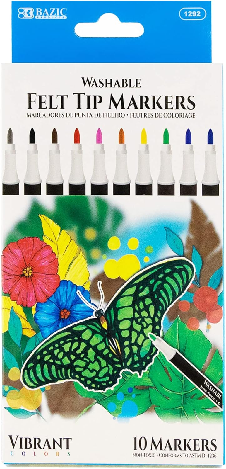 BAZIC Felt Washable Markers 10 Colors, Fine Line Coloring Marker, Non