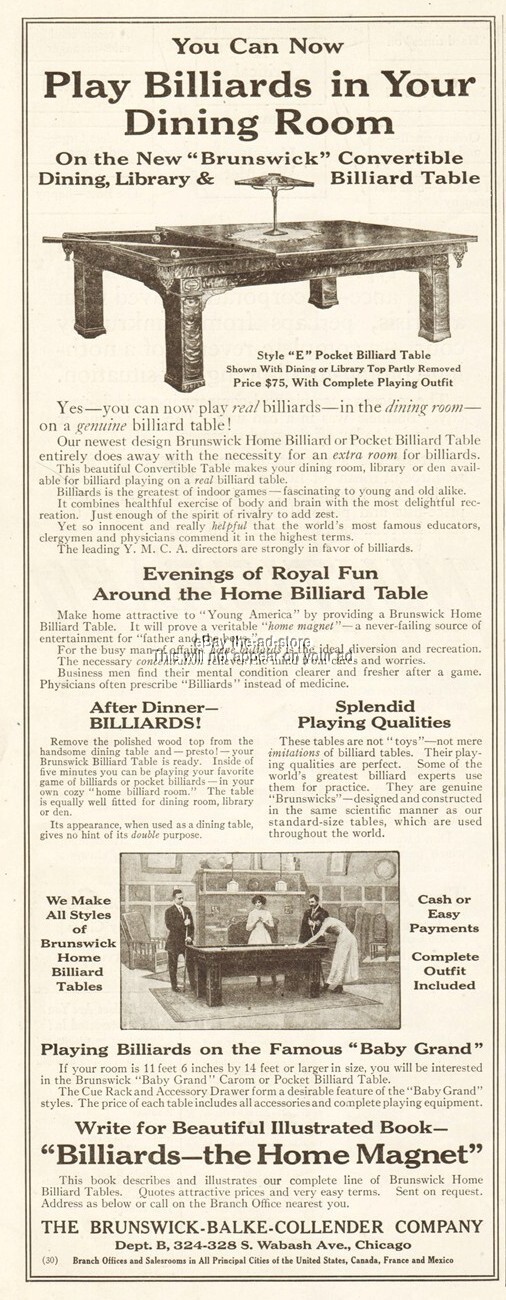 1912 Brunswick Baby Grand Convertible Pool Table Vintage Style E Ad