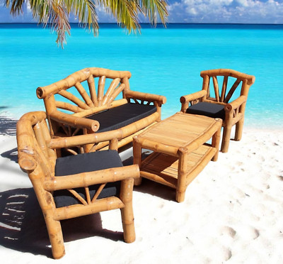 Kinaree UBUD Bamboo Seating Set Garden Bench Table Chairs Beige Tropical