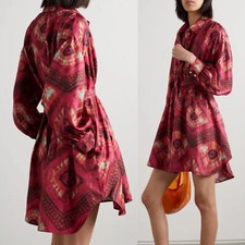 ULLA JOHNSON Jude Shibori Printed Silk Twill Mini Shirt Dress 4 red pink pockets