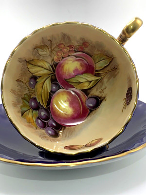 Vintage Aynsley Cup & Saucer Signed D Jones Orchard Fruit Cobalt Blue Gold Trim
