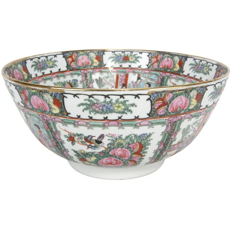 Chinese Chinoiserie Porcelain Centerpiece Punch Bowl Gilt Trim Hand Painted EUC
