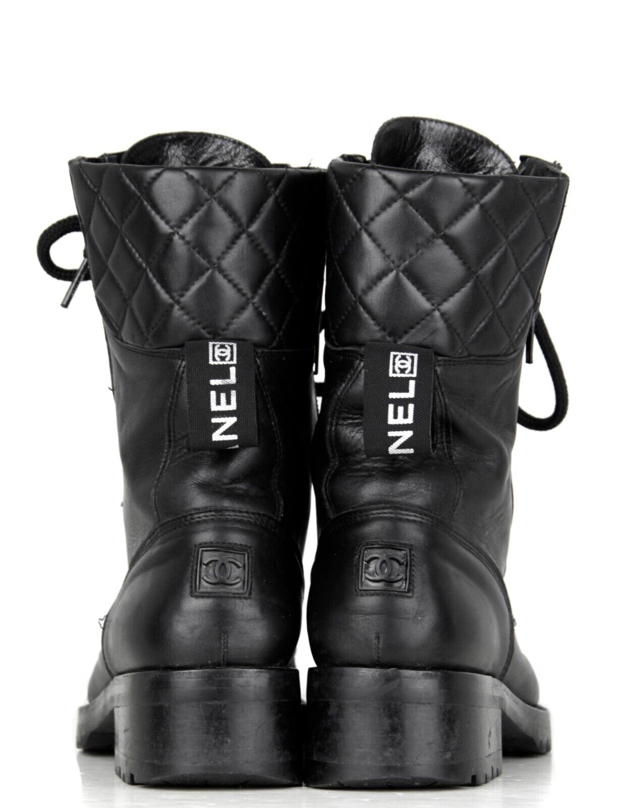 Authentic Chanel Vintage 1990s Black Leather CC Combat Boots sz 36