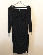 Ralph Lauren Faux Wrap Dress Womens Sz 6 Black Long Sleeve Side Slit Ruched Knee