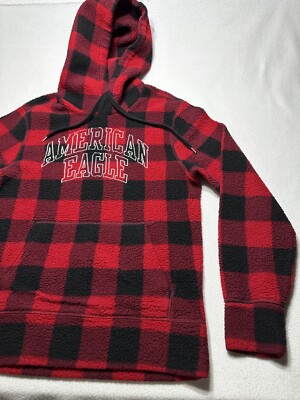 American Eagle Buffalo Plaid Sherpa Fleece Hoodie pullover Womens Small 