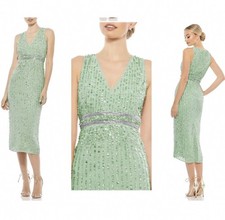 Mac Duggal Sequined Sleeveless V-Neck Midi Sheath Dress beaded belt gown sparkle