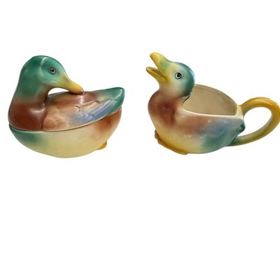 Vintage Czechoslovakia Mallard Duck Cream and Sugar Ceramic Set Handpainted