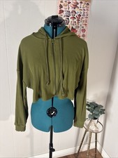 Wild Fable Women's Ribbed Cropped Zip-Up Hoodie Olive Green SZ Large Soft