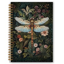 Vintage Floral Dragonfly Notebook, Dark Green Botanical Dragonfly Journal, Co...