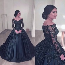 Lace Long Sleeves Gothic Black Wedding Dresses Beads V-Neck Satin Gowns Train