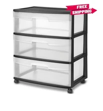 Sterilite Wide 3 Drawer Cart, Clear Plastic Storage Drawers, Wheels Included, Bl