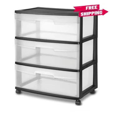 Sterilite Wide 3 Drawer Cart, Clear Plastic Storage Drawers, Wheels Included, Bl