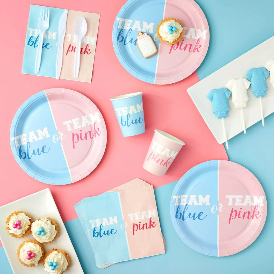 144 Piece Gender Reveal Plates, Napkins, Cups, Cutlery, Team Boy and Team Girl P - Image 3 of 4