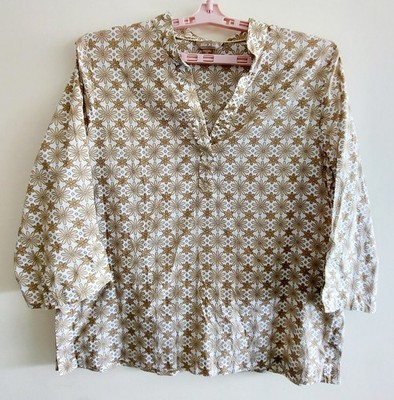 WHITE STAG Womens XXL 2X  Woven White Blouse w/ Tan & Beige Floral Print