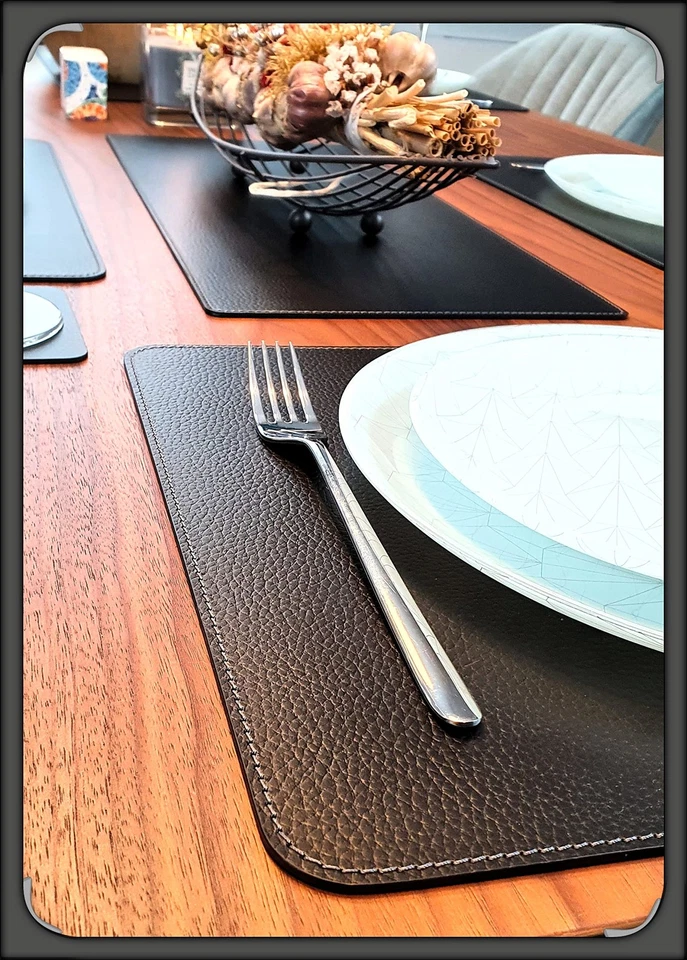 Set of 6 Placemats Made of Recycled Leather (18"x13", Black) Foto 3 de 4