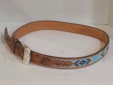 Tony Lama Belt Western Hand Tooled Leather Beaded Floral Brown Sz 36 USA C40464
