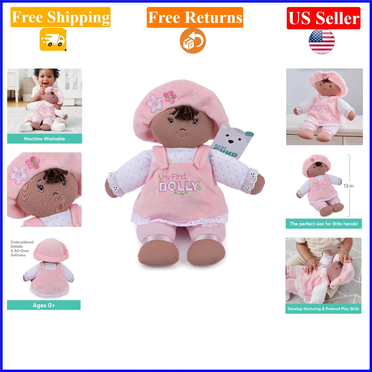 GUND Baby My First Dolly Plush Doll, 13 inches, Pink/White, 