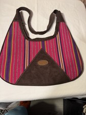 Guatemala Woven Handbag Multicolored Boho Aztec Design Brown Suede Strap Outline