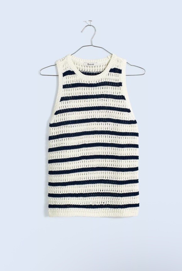Madewell Womens Crochet Knit Crewneck Sweater Tank N0991 XXS Blue & White NWT