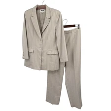 Kasper Women's Size 14 Suit Set 32x36 Pants Pinstripe Blazer Beige Jacket
