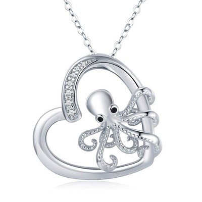 Octopus Necklace for Women 925 Sterling Silver Heart Octopus Pendant Necklace...