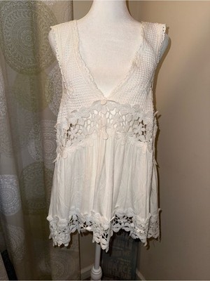 POL womens white Crochet Lace Cami top M semi sheer mixed media boho romantic