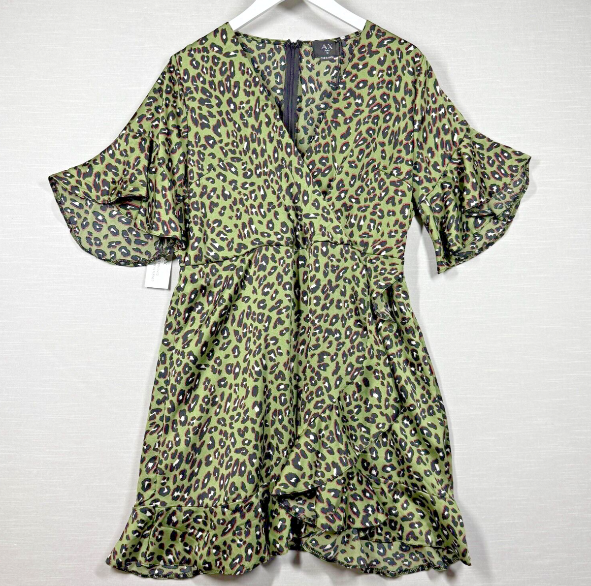 ax paris green leopard print dress Women 14 Wrap Ruffle Hem Short Sleeve category_v-neck-dresses-seo