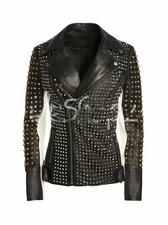 Women OLLIE Block Multicolor Full Silver Gold Studded Biker Real Leather Jacket