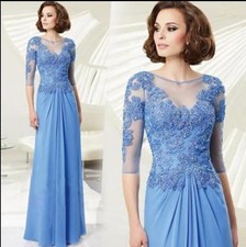 Blue Sexy Women Long Short Sleeve Cocktail Party Ball Gown Wedding Formal Dress