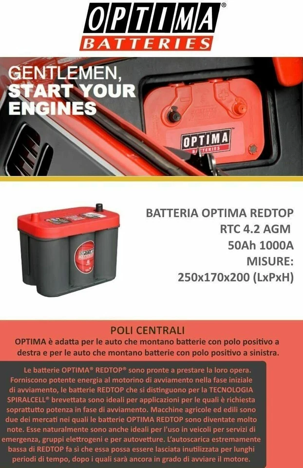 RTC4.2 BATTERIA ORIGINALE OPTIMA® RED TOP 50AH 815A FIAT FREEMONT JEEP WRANGLER - Imagen 4 de 4