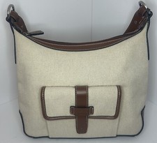Stone Mountain Beige Canvas Hobo Handbag Shoulder Bag Brown Trim Red Lining