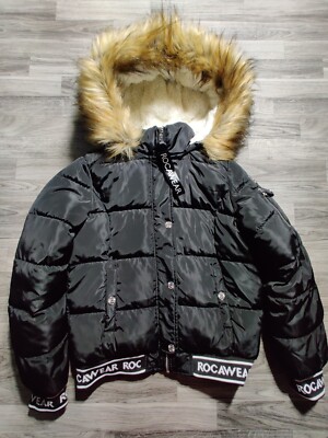 Rocawear Puffer Jacket Winter Fur Hood Black Y2K Style Women's Size Medium 