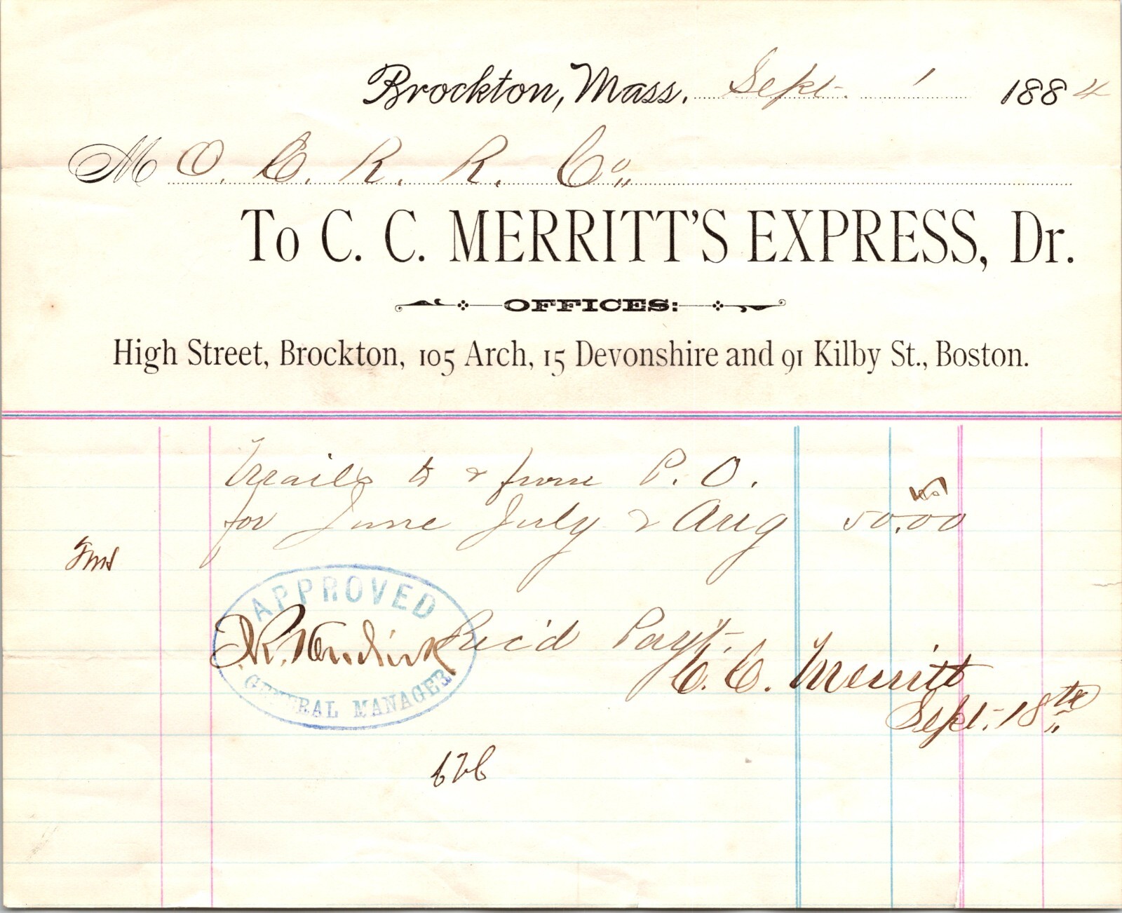 Merritt's Express Brockton MA 1884 Billhead to & From Train to Post