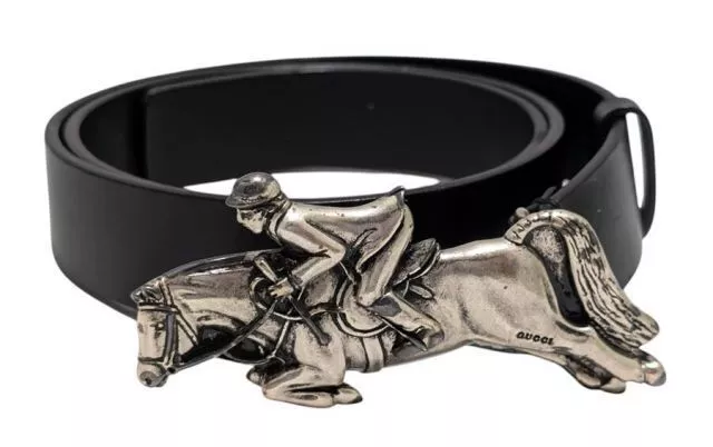 Ceinture Gucci cuir noir logo équitation 85 cm authentique du Japon