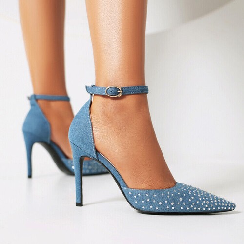 Bling Rhinestones Pointed Toe Party Pumps Womens High Heels Ankle Strap Shoes - Picture 7 of 26