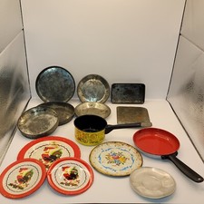 Large Lot of Antique Metal/Tin Kids Plates set  Baking Set with 2 Pots