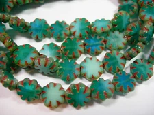 25 beads - Capri Blue Turquoise with Picasso Czech Glass Cactus Flower Beads 9mm