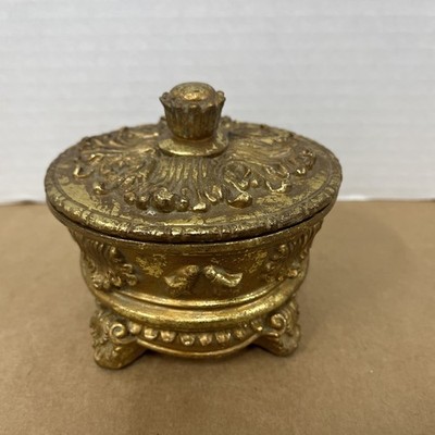 Elements Gold Rococo Syroco Style Round Trinket Jewelry Coin Box Gilt Ornate 