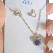 Kids Gold Tone Jewelry Set, Blue Round Crystal Pendant Necklace Earrings