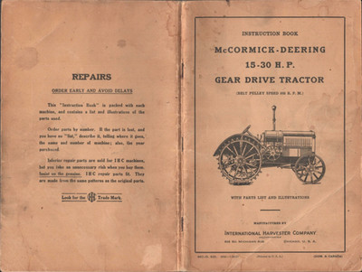 1927 McCORMICK-DEERING 15-30 HP TRACTOR Instruction Book INTERNATIONAL HARVESTER