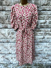 Ladies Red Rose Print Belted 3/4 Sleeve Smart Fit N Flare Midi Dress UK 8