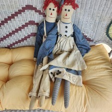 Handmade Raggedy Ann  Andy Dolls Tall Skinny Primitive Cloth Folk Art Pair 31"
