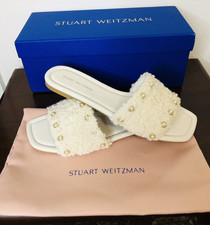 New STUART WEITZMAN Pearl Embellished White Flats Slides Sandals EU 36 US 5.5