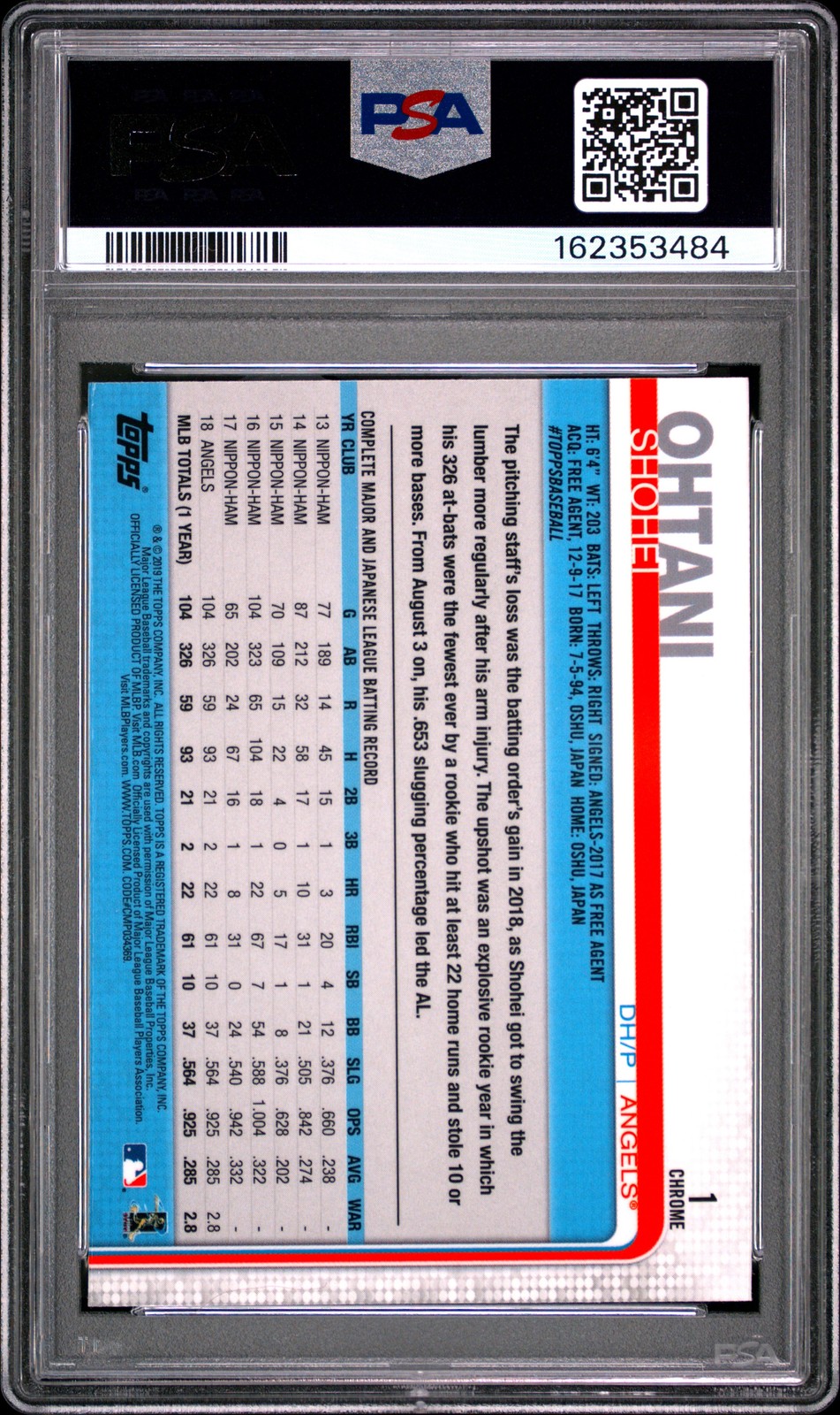 2019 TOPPS CHROME PRISM REFRACTOR #1 SHOHEI OHTANI PSA 9 view 2