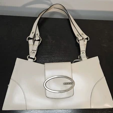 Y2K Guess White Leather Handbag with Iconic Oval Buckle