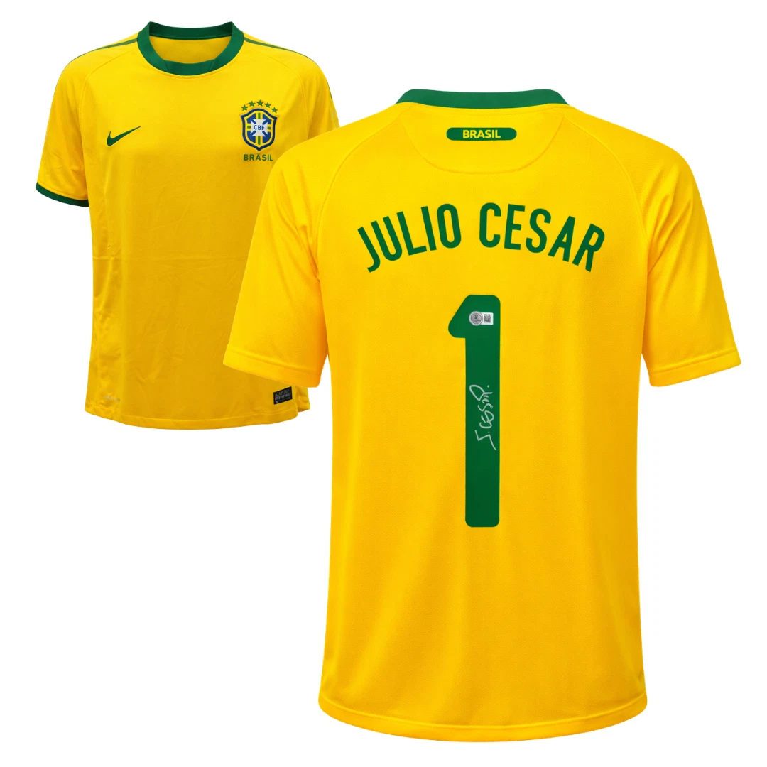 【希少】Julio Cesar ジュリオ・セザール　ブラジルユニフォーム Julio Cesar Signed Brazil FC Home Soccer Jersey #1 with Beckett