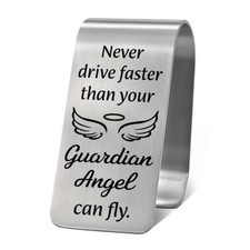 Never Drive Faster Than Your Guradian Angel Visor Clip for Cars, New Siliver